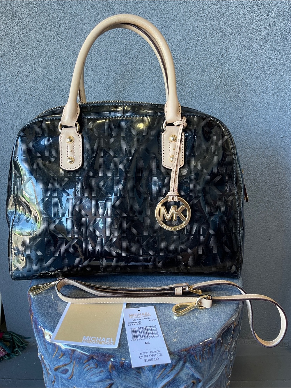 Michael Kors Black Patent Logo Satchel with Cream Handles